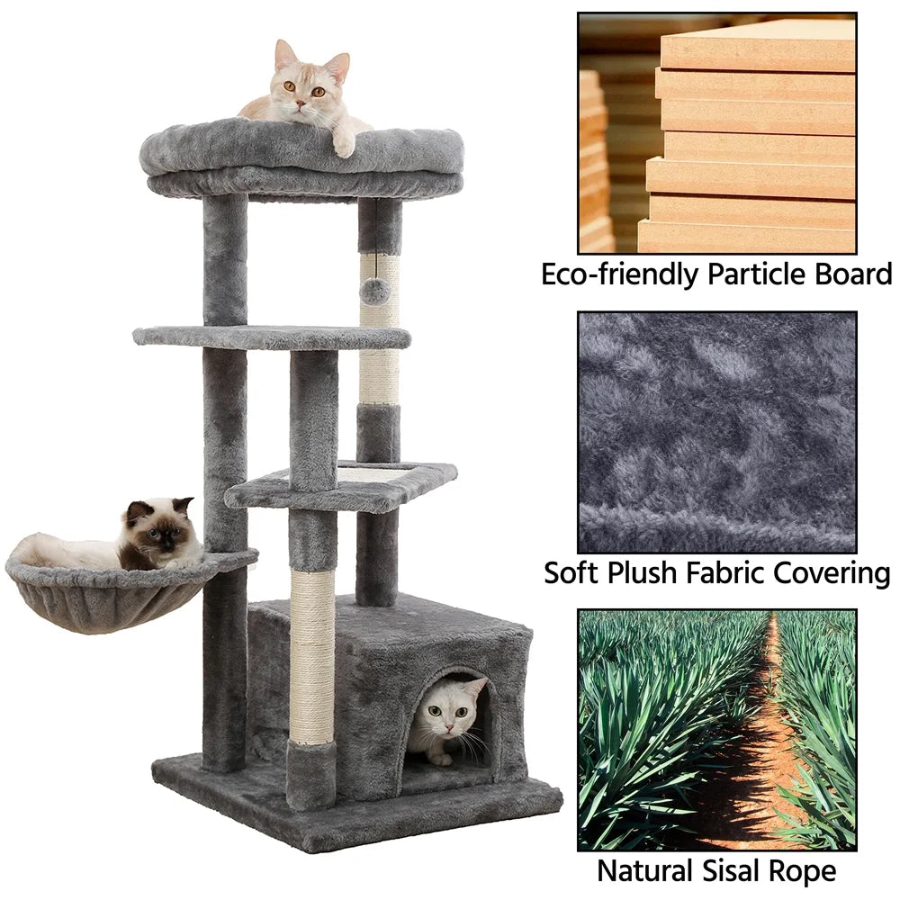 Cat Tree for Indoor Cats, 45Inches Multi-Level Cat Tower with Sisal Covered Scratching Posts, Spacious Condo, Cozy Hammock and Plush Top Perch